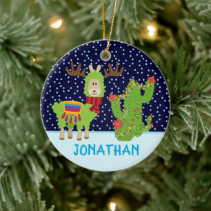 Cute Male Christmas Llama With Name Ceramic Ornament