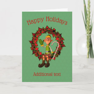 Cute Male Elf On Wreath Christmas Holiday Card