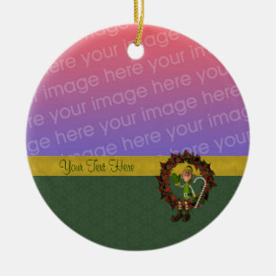 Cute Male Elf Wreath Holiday Photo Ornament