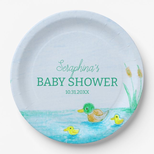 Cute Mallard Duck Baby Shower Paper Plates (Front)