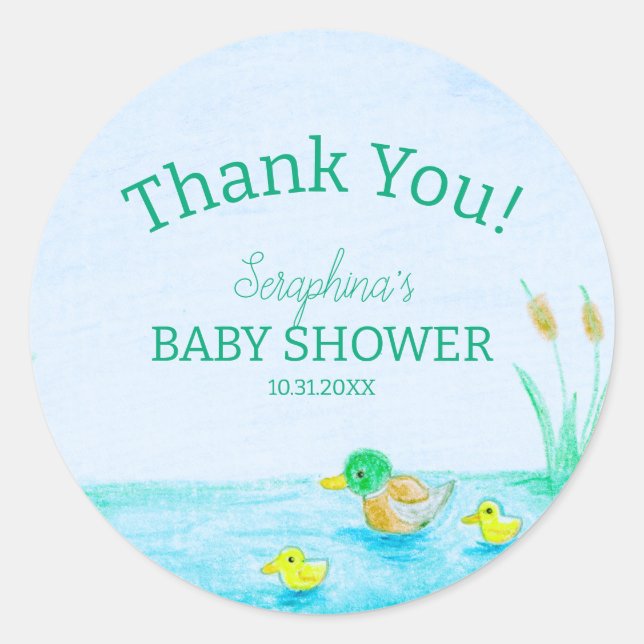Cute Mallard Duck Baby Shower Thank You Classic Round Sticker (Front)