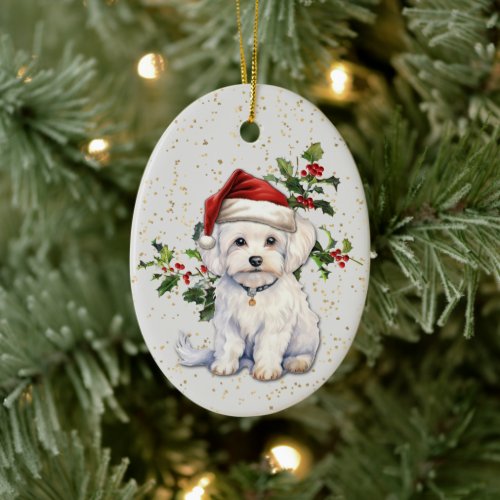 Cute Maltese Dog Christmas Holly Ceramic Ornament