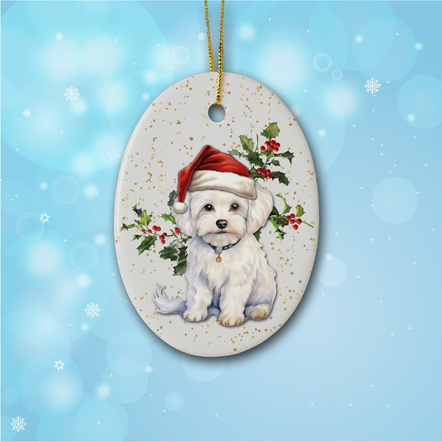 Cute Maltese Dog Christmas Holly Ceramic Ornament (Creator Uploaded)