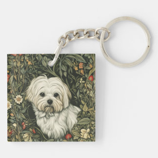 Cute Maltese Dog in a William Morris Style Garden Keychain