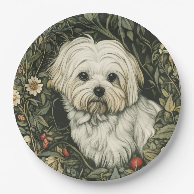 Cute Maltese Dog in a William Morris Style Garden Paper Plates (Front)