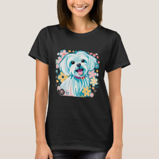 Cute Maltese Dog Retro vintages Floral Boho Colorf T-Shirt