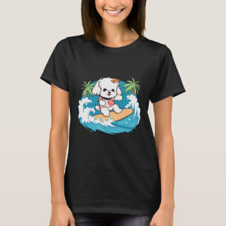 Cute Maltese Dog Surfing the Waves in Paradise T-Shirt