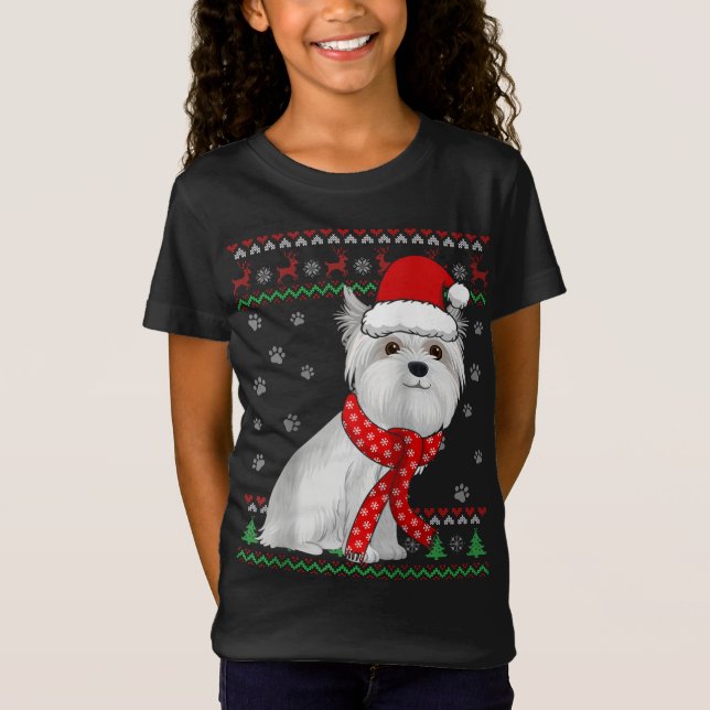 Cute Maltese Dog Ugly Christmas Sweater Santa Hat (Front)