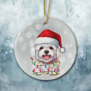 Cute Maltese Dog Wrapped in Christmas Lights Ceramic Ornament
