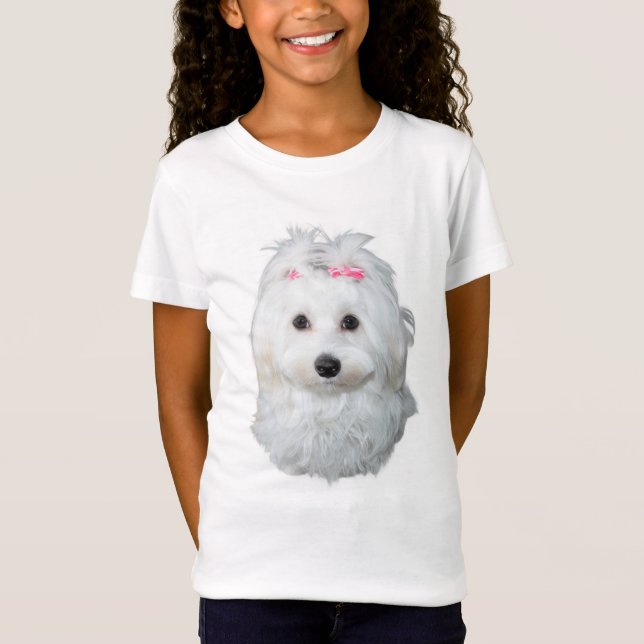 Cute Maltese Girl with Pink Ribbons T-Shirt (Front)