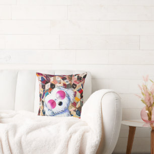 Cute Maltese On Crazy Quilt Throw Pillow