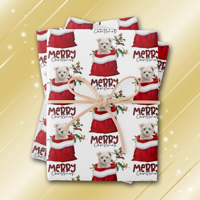 Cute Maltese Puppy Dog in Holiday Gift Bag Wrapping Paper Sheets (Creator Uploaded)