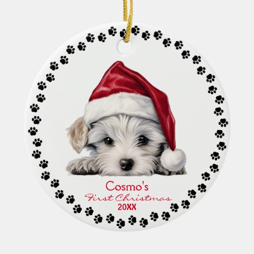 Cute Maltese Puppy Dog Santa Hat 1st Christmas Ceramic Ornament