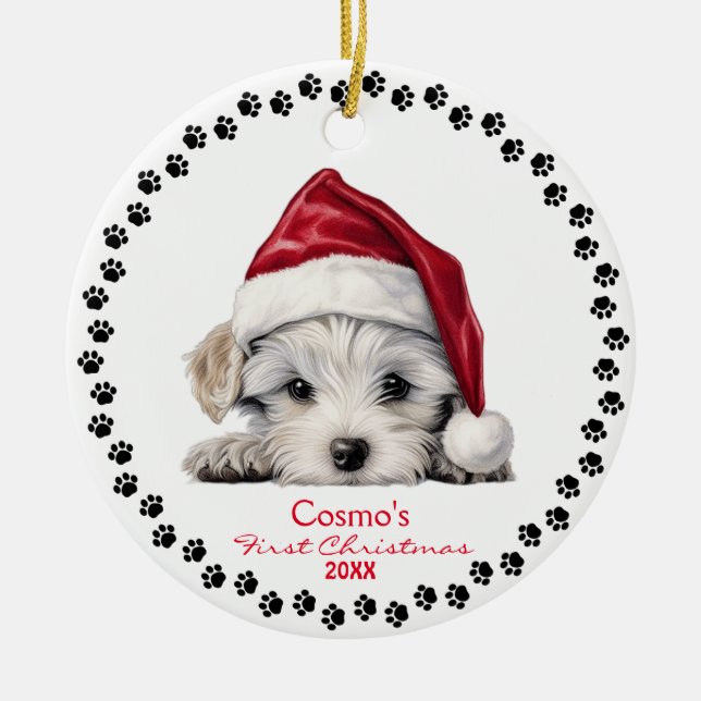 Cute Maltese Puppy Dog Santa Hat 1st Christmas Ceramic Ornament (Front)