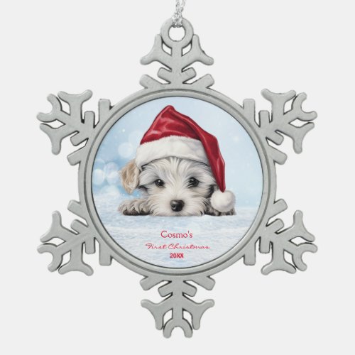 Cute Maltese Puppy Dog Santa Hat 1st Christmas  Snowflake Pewter Christmas Ornament