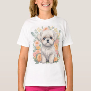 Cute Maltese Puppy with Summer Flowers T-Shirt