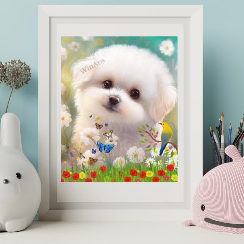 Cute Maltese white puppy dog in Floral Garden Art Poster