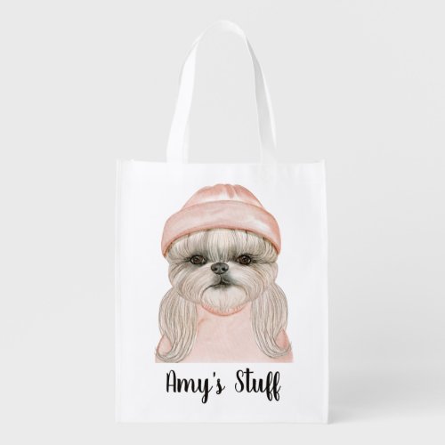 Cute Malteser White Dog Blush Pink Design w name Grocery Bag