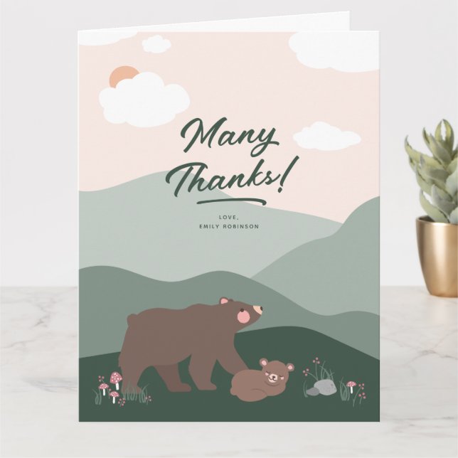 Cute Mama and Baby Bear Mountain Range Thank You Card (Small Plant)