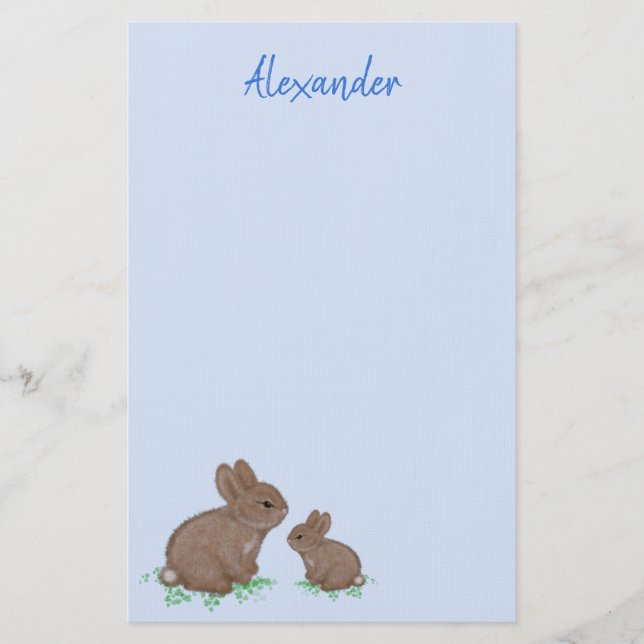 Cute Mama and Baby Bunny in Clover Blue Stationery (Front)