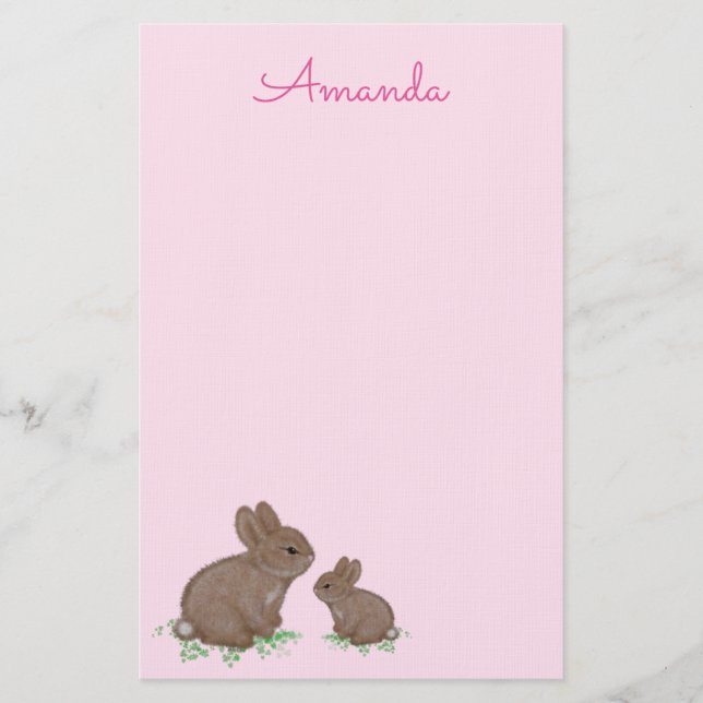Cute Mama and Baby Bunny in Clover Pink Stationery (Front)