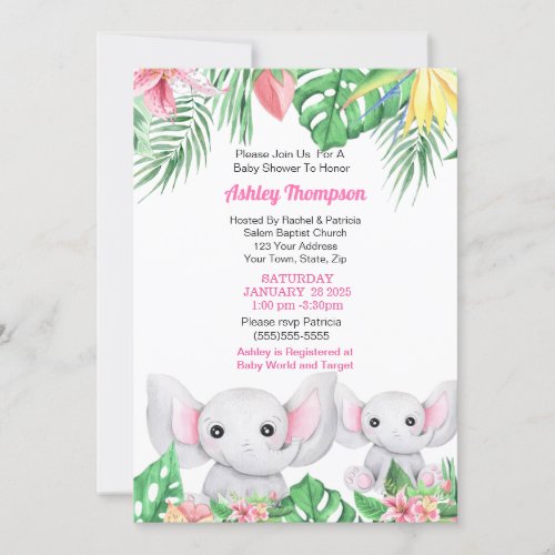 Cute Mama and Baby Elephant Tropical Baby Shower Invitation