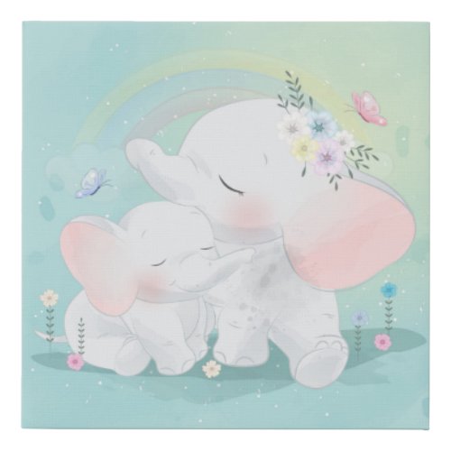 Cute Mama and Baby Elephants Faux Canvas Print