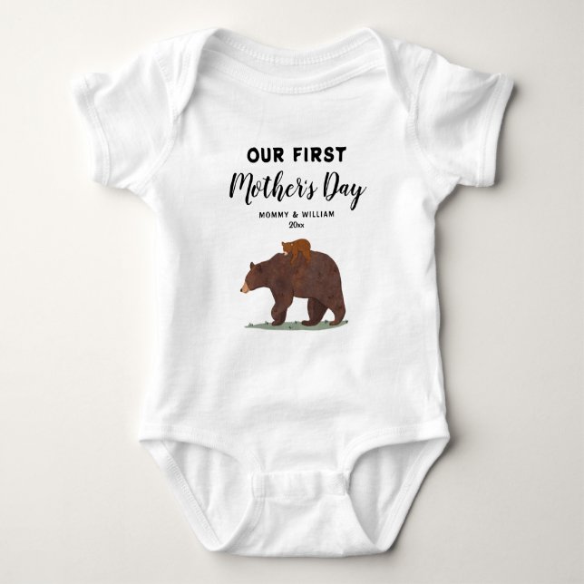 Cute Mama Baby Bear 1st Mother's Day Personalized Baby Bodysuit (Front)