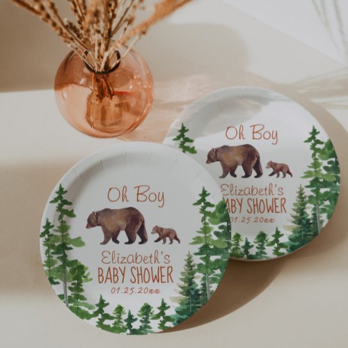 Cute Mama Baby Bear Boy Baby Shower Paper Plates