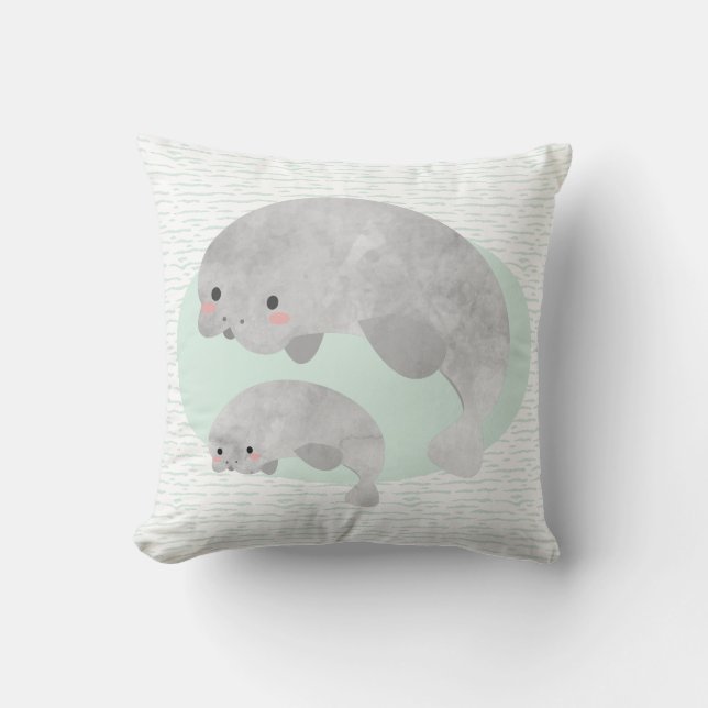 Cute Mama & Baby Manatee Waves Nursery Pillow (Front)