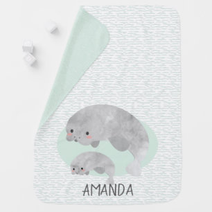 Cute Mama & Baby Manatee with Waves Baby Blanket