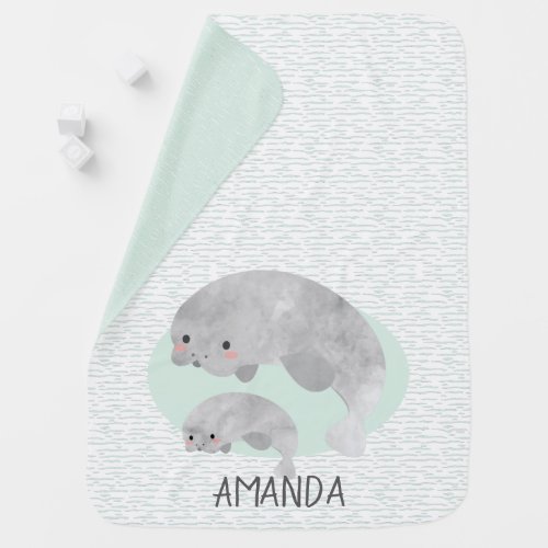 Cute Mama  Baby Manatee with Waves Baby Blanket