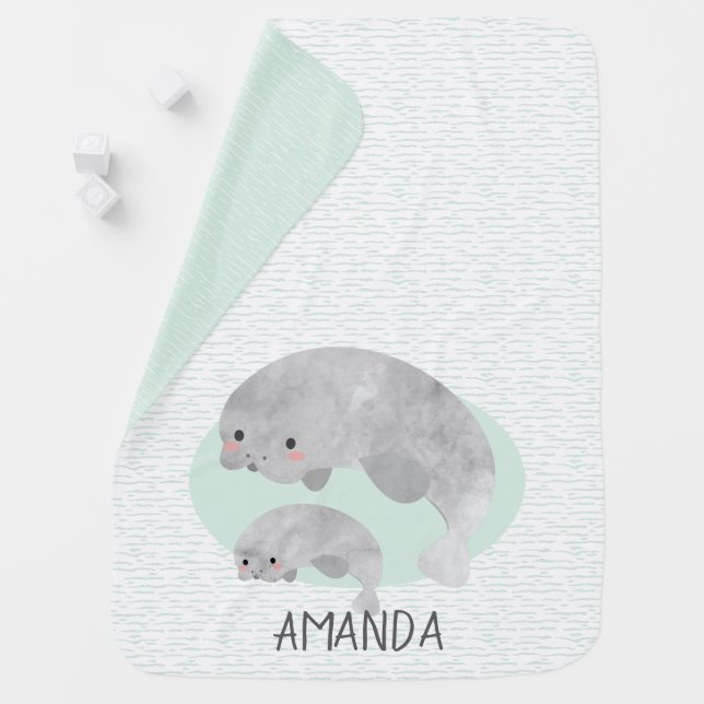 Cute Mama & Baby Manatee with Waves Baby Blanket (In Situ)
