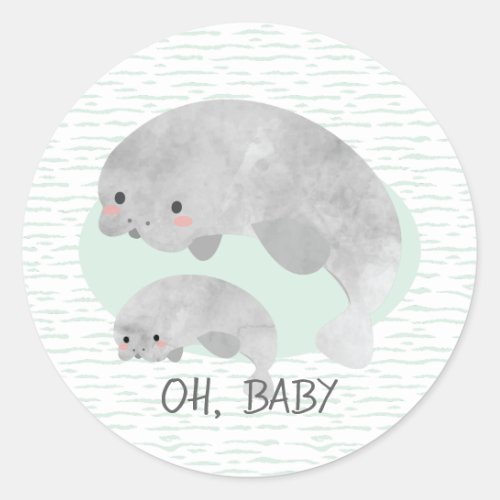 Cute Mama  Baby Manatee with Waves Baby Shower Classic Round Sticker