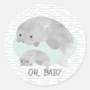 Cute Mama & Baby Manatee with Waves Baby Shower Classic Round Sticker