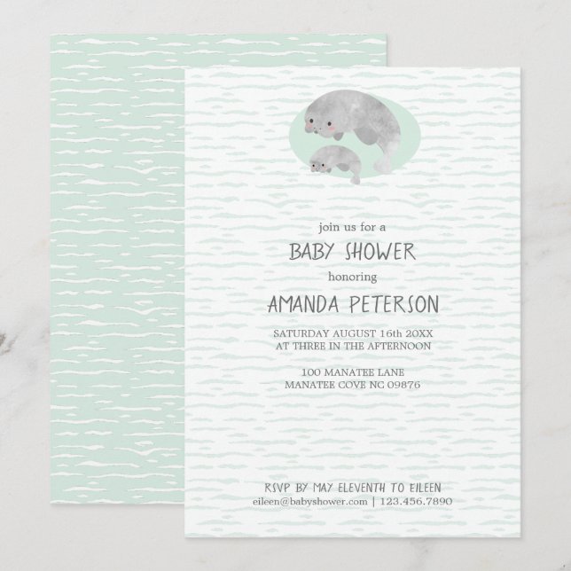 Cute Mama & Baby Manatee with Waves Baby Shower Invitation (Front/Back)