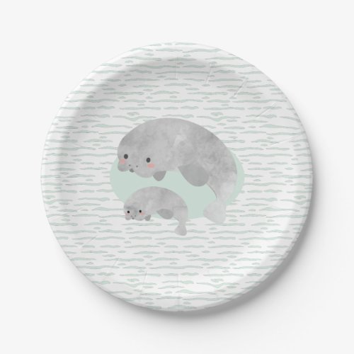 Cute Mama  Baby Manatee with Waves Baby Shower Paper Plates