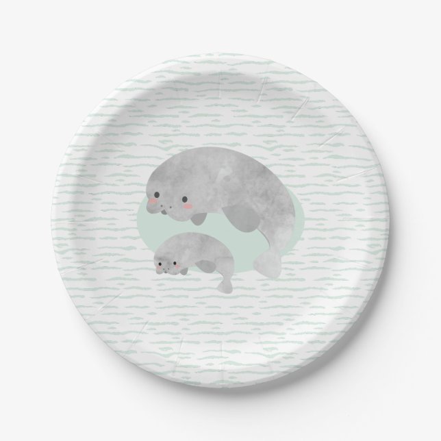 Cute Mama & Baby Manatee with Waves Baby Shower Paper Plates (Front)