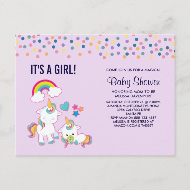 Cute Mama & Baby Unicorn Magical Baby Shower Postcard (Front)