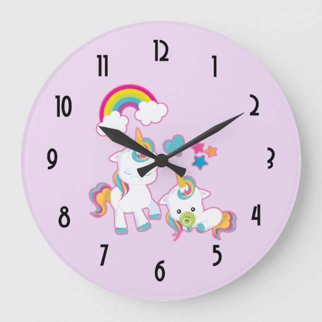 Cute Mama & Baby Unicorn Magical Illustration Large Clock (Front)