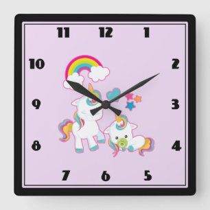 Cute Mama & Baby Unicorn Magical Illustration Square Wall Clock