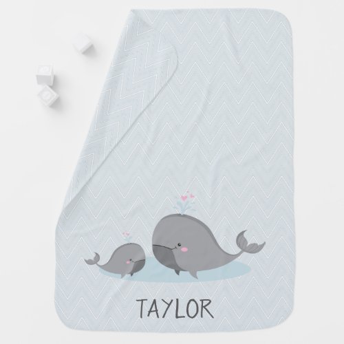 Cute Mama  Baby Whales Blue Chevron Baby Blanket