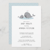 Cute Mama & Baby Whales Blue Chevron Baby Shower Invitation