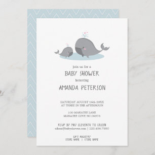 Cute Mama & Baby Whales Blue Chevron Baby Shower Invitation