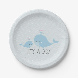 Cute Mama & Baby Whales Blue Chevron Baby Shower Paper Plates