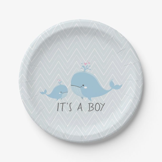 Cute Mama & Baby Whales Blue Chevron Baby Shower Paper Plates (Front)