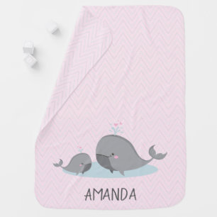Cute Mama & Baby Whales Pink Chevron Baby Blanket