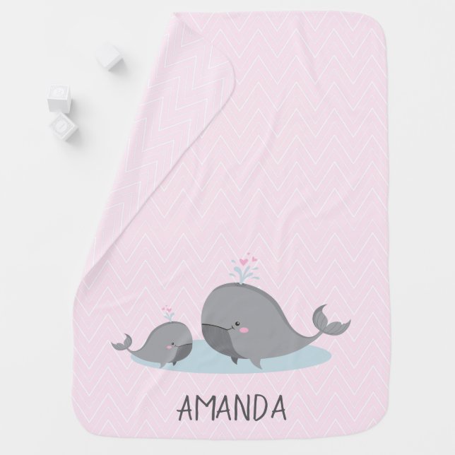 Cute Mama & Baby Whales Pink Chevron Baby Blanket (In Situ)