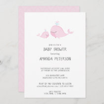 Cute Mama & Baby Whales Pink Chevron Baby Shower Invitation