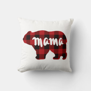 Cute Mama bear design, rustic red black plaid Throw Pillow